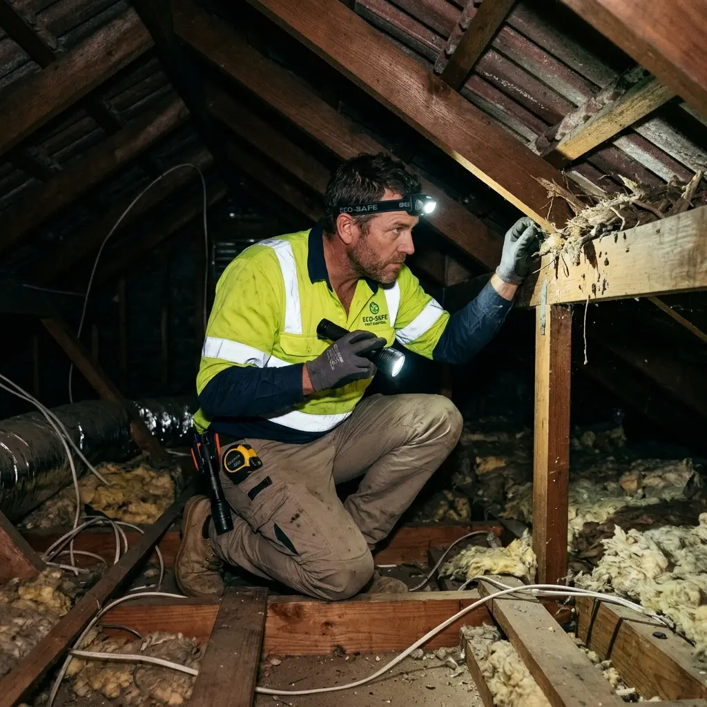 Technician inspecting a roof cavity for a dead animal in Warrandyte
